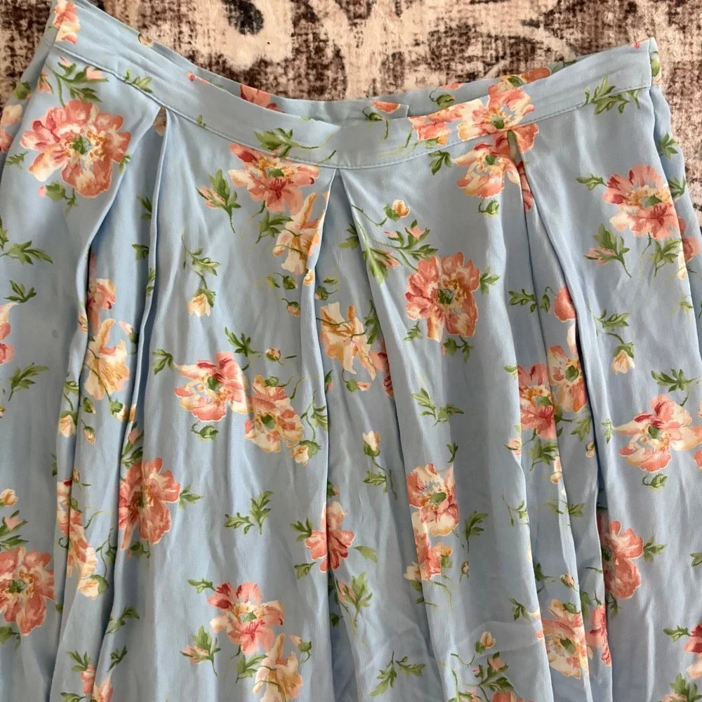 Laura Ashley Floral Blue Pleated Maxi Skirt Size 14